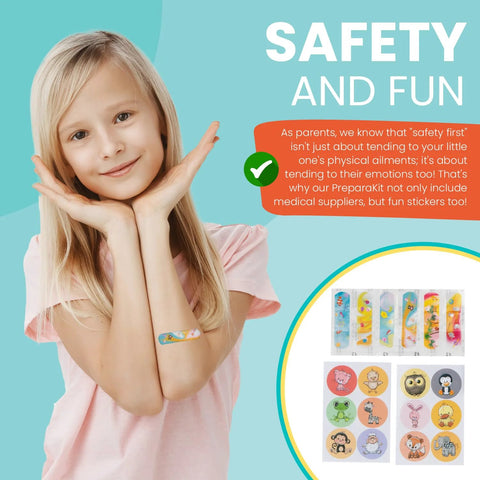 Front view of a smiling child wearing a teal PreparaKit Travel First Aid Kit for Kids; corner shows kit contents and sticker sheets.