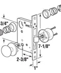 Diagram of 2-1/2 Inch Backset Entrance Mortise Lockset In Wrought Solid Brass, Left Handed, Old School Style Door Hardware With Night Latch.