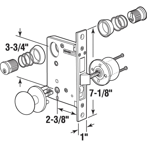 Diagram of 2-1/2 Inch Backset Entrance Mortise Lockset In Wrought Solid Brass, Left Handed, Old School Style Door Hardware With Night Latch.