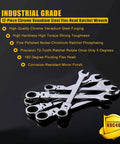 12 Piece SAE Flex Head Ratcheting Wrench Set in chrome, displayed fanned out with product features highlighted