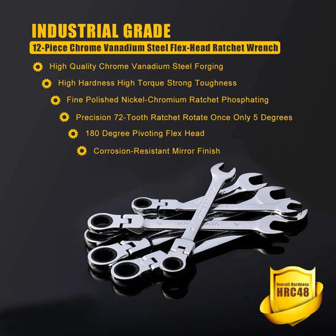12 Piece SAE Flex Head Ratcheting Wrench Set in chrome, displayed fanned out with product features highlighted