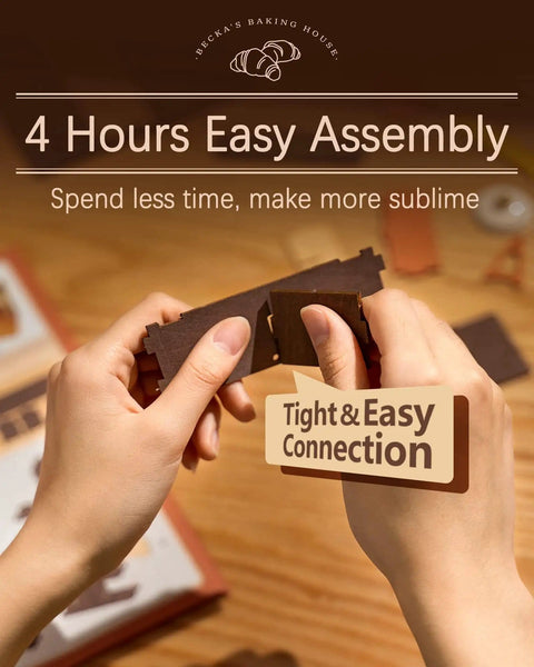Hands assembling Beginner Friendly DIY Miniature Dollhouse Kit With LED Lights For Adults, showing tight connection pieces.