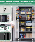 Heavy Duty 10 Piece Steel Garage Cabinet System With Workbench All In One Modular Garage Storage Set For Ultimate Workshop Organization Easy Assembly Cabinets And Tool Bench For Serious DIYers, featuring tall steel cabinet with lockable doors and adjustable shelves, shown with tools and supplies.