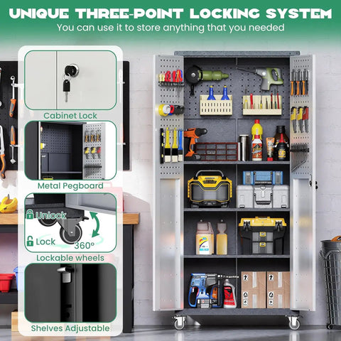 Heavy Duty 10 Piece Steel Garage Cabinet System With Workbench All In One Modular Garage Storage Set For Ultimate Workshop Organization Easy Assembly Cabinets And Tool Bench For Serious DIYers, featuring tall steel cabinet with lockable doors and adjustable shelves, shown with tools and supplies.