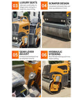 Heavy Duty 800kg Hydraulic Double Drum Vibratory Road Roller features luxury seats, adjustable gear lever, and hydraulic steering.