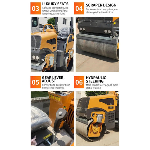 Heavy Duty 800kg Hydraulic Double Drum Vibratory Road Roller features luxury seats, adjustable gear lever, and hydraulic steering.