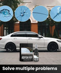 Windshield Crack Repair Kit With Nano Glass Repair Fluid for all crack types shown with car windshield and close-up damage examples.
