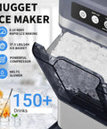 Heavy Duty Countertop Nugget Ice Maker Spits Out Chewable Ice Fast With Built In Water Tank And Hassle Free Self Clean Feature showing ice basket with nuggets.