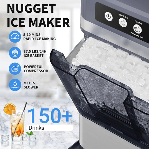 Heavy Duty Countertop Nugget Ice Maker Spits Out Chewable Ice Fast With Built In Water Tank And Hassle Free Self Clean Feature showing ice basket with nuggets.