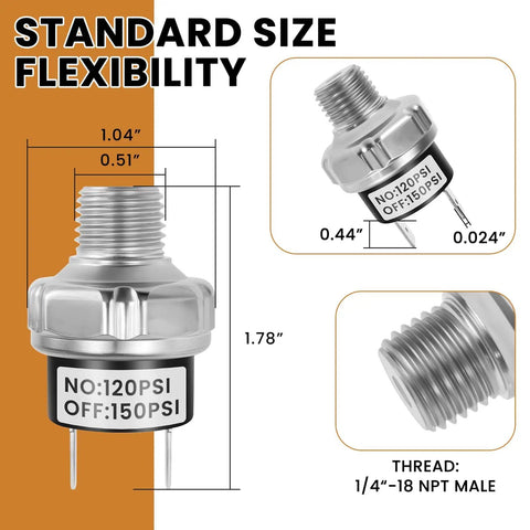 Built Tough Heavy Duty Air Pressure Switch 1/4-18 NPT Male Thread DC 12V 24V Compressor Controller dimensions and specs