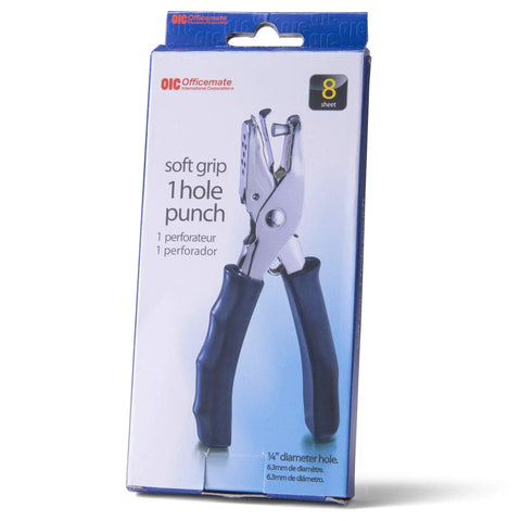 One Hole Punch With Soft Grip Handle For Desk Use Eight Sheet Capacity Nickel Plated Mechanism Black Finish Chip Catcher Included
