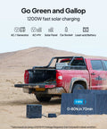 Campground Beast Off The Grid Portable Power Station 1536Wh Solar Generator With 2400W Rapid Charging in use with solar panel and truck.