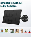 5W Solar Panel For Smart Bird Feeder Camera With Type C Charger, 360 Degree Adjustable Swivel Mount, IP65 Outdoor Waterproof Power Supply displayed with various bird feeders