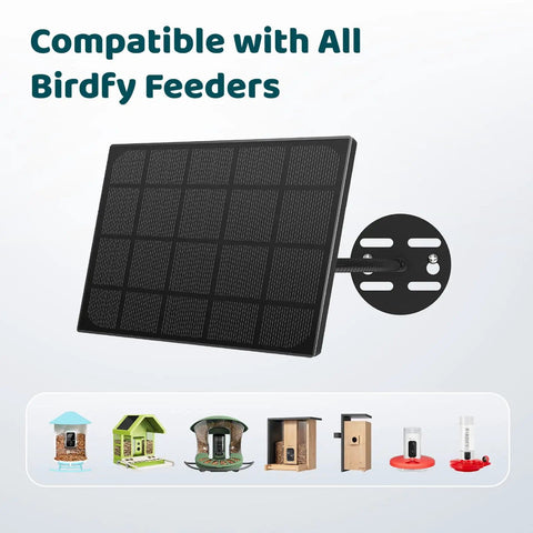 5W Solar Panel For Smart Bird Feeder Camera With Type C Charger, 360 Degree Adjustable Swivel Mount, IP65 Outdoor Waterproof Power Supply displayed with various bird feeders