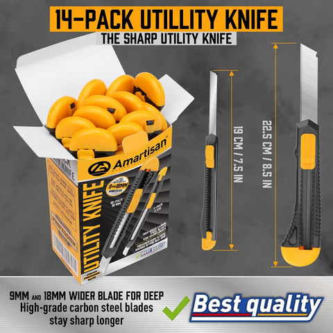 14 Piece Retractable Box Cutter Set With 18mm And 9mm Wide Blades For Boxes Cartons Cardboard Cutting in bright yellow box