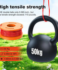 50kg weight hanging from 20 Pack WA0010 Replacement Trimmer Line Spool For Worx Weed Eater 0.065 Inch Nylon String, displaying tensile strength.