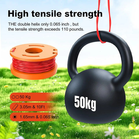 50kg weight hanging from 20 Pack WA0010 Replacement Trimmer Line Spool For Worx Weed Eater 0.065 Inch Nylon String, displaying tensile strength.