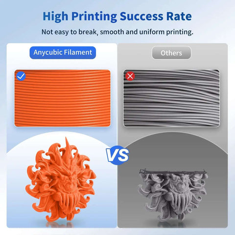 Comparison of Anycubic orange vs gray filament showing high printing success rate for PLA 3D Printer Filament 1.75mm 1Kg Spool In Vibrant Orange