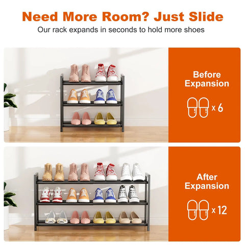 Space Saver Expandable Shoe Rack 18.5 To 33 Inches Wide 3 Tier Metal Shoe Organizer No Tools Assembly holds 12 pairs