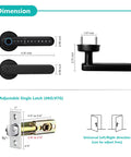 Dimensions and components of Smart Fingerprint Door Lock With WiFi Enabled And Free App Five In One Biometric Lock Featuring Fingerprint Anti Peep Password IC Cards Included TTLock App And Physical Key Share Ekey Matte Black Finish For Modern Home
