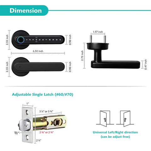 Dimensions and components of Smart Fingerprint Door Lock With WiFi Enabled And Free App Five In One Biometric Lock Featuring Fingerprint Anti Peep Password IC Cards Included TTLock App And Physical Key Share Ekey Matte Black Finish For Modern Home
