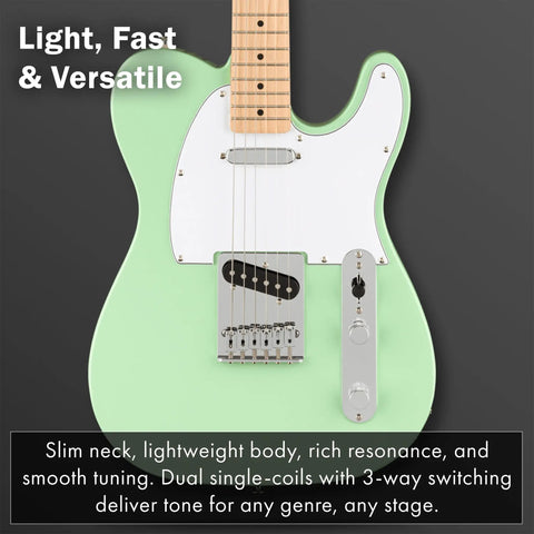 Close-up of Affinity Telecaster Surf Green Dope Gear Bundle With Frontman 10G Amp showing sleek body and dual pickups.