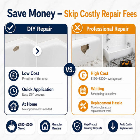 Comparison of DIY Fiberglass And Porcelain Repair Kit With Epoxy Putty 5.6 Oz Two Tubes with color pigments versus professional repair.