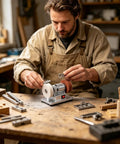Person using Compact No Fuss Mini Bench Grinder With A 2 76 Inch Wheel And Vibration Dampening Base for metal finishing.