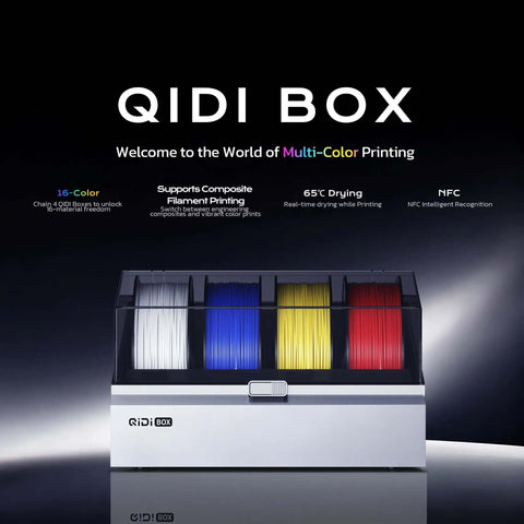 Crazy Color 3D Printing System for Plus4 Printer With 65C Active Drying showcasing multicolor filament spools in QIDI Box