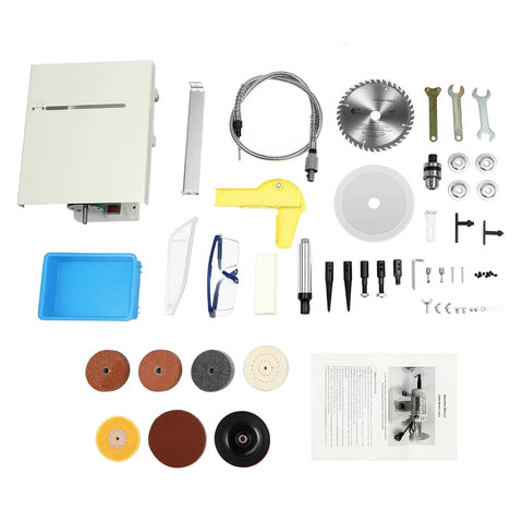 Components of 750W DIY Jewelry Lapidary Saw And Polisher Kit, 110V Multifunction Table Grinder with 6-Inch Blade and Accessories