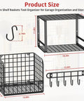 Heavy Duty Garage Shelving Set With Wire Baskets Wall Mounted Shelves For Shed Garden Laundry Room Kitchen Organization And Storage Two Pack Durable Metal Racks Built To Last with dimensions shown.