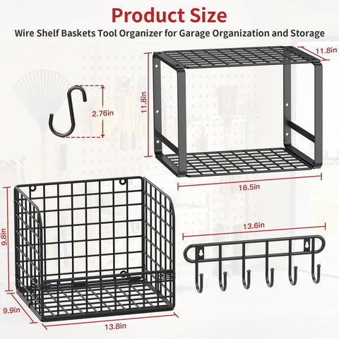 Heavy Duty Garage Shelving Set With Wire Baskets Wall Mounted Shelves For Shed Garden Laundry Room Kitchen Organization And Storage Two Pack Durable Metal Racks Built To Last with dimensions shown.