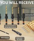 YQANDL 12-piece HSS countersink drill bit set for woodworking with magnetic extension and storage box; sizes #4–#12