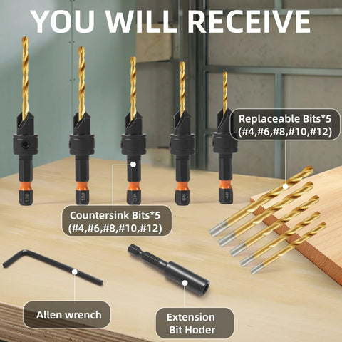 YQANDL 12-piece HSS countersink drill bit set for woodworking with magnetic extension and storage box; sizes #4–#12