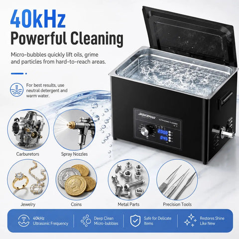 Ultrasonic Cleaner Machine 30L With Digital Heater Timer And Knob Control For Fast Pro Grade Heavy Duty 40KHz Deep Cleaning Of Car Parts Like Carburetors Spray Nozzles And Small Components Degassing Mode, black stainless steel unit