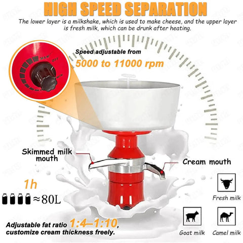 Electric Milk Cream Separator Workhorse with Centrifugal Design 80L per Hour Capacity, 12L Bowl, RPM Control Knob Display