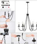 Black Six Light Farmhouse Chandelier With Candle Style Bulbs For Dining Room Bedroom And Living Room 28 Inch Wide And 24 And A Half Inch High Open Frame Iron Arms For A Dope Modern Rustic Look shown with installation steps.