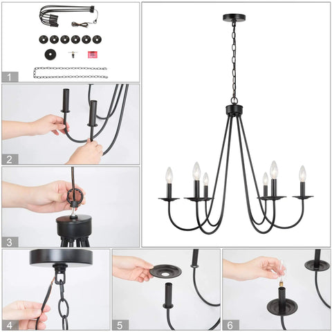 Black Six Light Farmhouse Chandelier With Candle Style Bulbs For Dining Room Bedroom And Living Room 28 Inch Wide And 24 And A Half Inch High Open Frame Iron Arms For A Dope Modern Rustic Look shown with installation steps.
