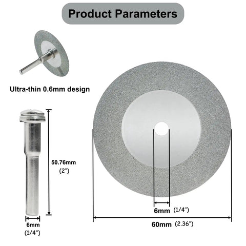 Pro Grade 3 Pack 60Mm Diamond Cutting Discs With Quarter Inch Shank Mandrel And Screwdriver For Rotary Drills Handles. Ultra-thin design.