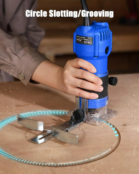 User operating 630W Compact Wood Router With Fixed Base And Beast Mode 35000 Rpm Motor for circle slotting on wood.