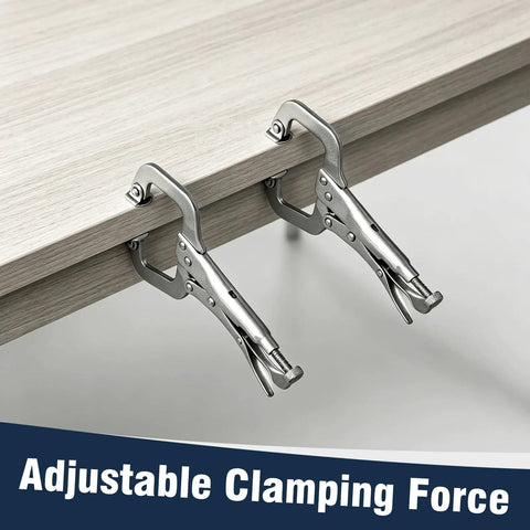 Axgsrv Heavy Duty 6 Inch Locking C Clamps With Swivel Pads adjusting to clamp a wood surface, showcasing strong holding power.