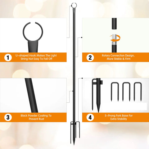 Diagram of Outdoor String Light Poles 8.9ft Heavy Duty Poles With 5 Prong And Hooks, highlighting features like 5-prong base, hooks.