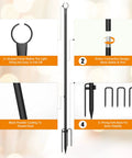 Outdoor String Light Poles 8.9-Foot Tall, 4 Pack with 5-Prong Stakes and Hooks, design features and details shown.