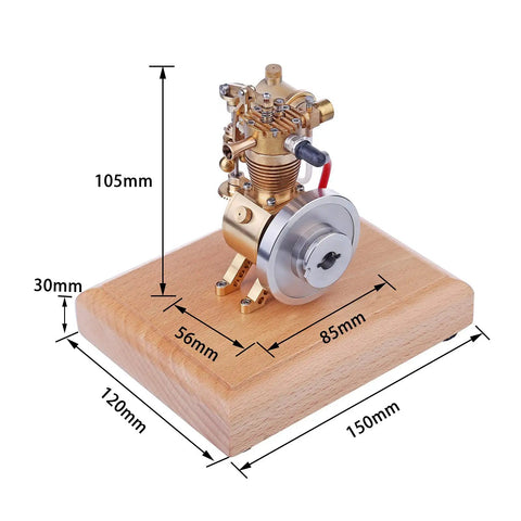Mini 1.6cc Hit And Miss Four Stroke Gas Engine Model Kit With Visible Piston, Valves, And Flywheel, Authentic Vintage Engine Display For Education, STEM Toy For Adults, Hands-On Physics Experiment And Gift, brass engine on wooden base, 105mm tall