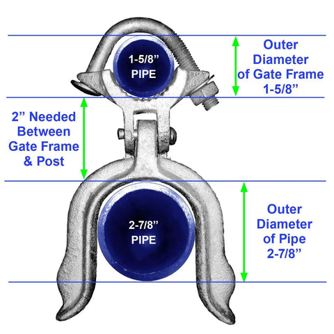 Legit Heavy Duty Galvanized Fork Latch Built Tough For One Five Eight Inch Gate Frames And Four Inch Posts On Chain Link Fences Padlock Ready secure fitting dimensions for pipe.