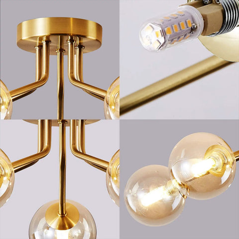 Modern Sputnik 5 Light Gold Ceiling Chandelier Semi Flush Mount With Glass Globe For Bedroom Kitchen Dining Room And Office Mid Century Modern Vintage Style Lighting Fixture Bulbs Not Included - close-up details of gold finish and glass globes.