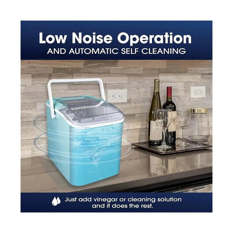 Portable Countertop Ice Maker With Handle Produces 26 Pounds Of Smooth Daily Ice Instantly Using Self Cleaning Tech on kitchen counter.