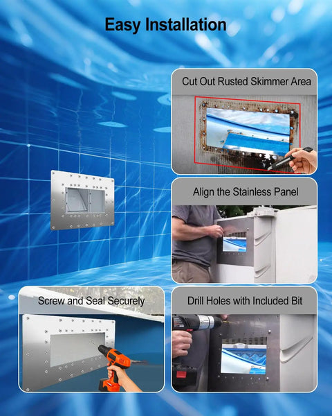 Wide Mouth Pool Skimmer Repair Kit for Rusted Wall Areas installation guide with focus on alignment and sealing steps.