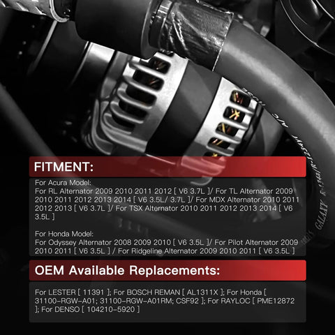 130 Amp High Output Beefed Up Alternator Compatible With Odyssey 2008 2010 Pilot 2009 2011 Ridgeline 2009 2011 And Acura TL MDX TSX ZDX 2009 2013 Replacement Replaces AL1311X 11391 31100 RGW A01, installed view.