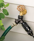 Rain Bird 25 PSI drip irrigation regulator installed on outdoor brass faucet; 3/4" MHT to 3/4" FHT, black body.